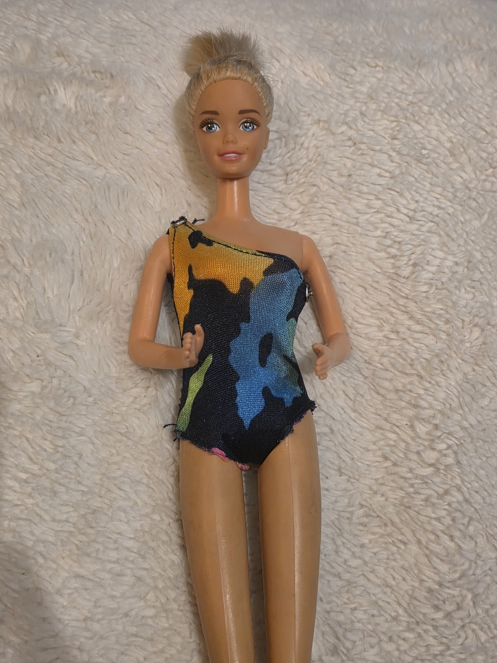 Vintage 80s Barbie Multicolor Navy One-Shoulder Swimsuit Outfit